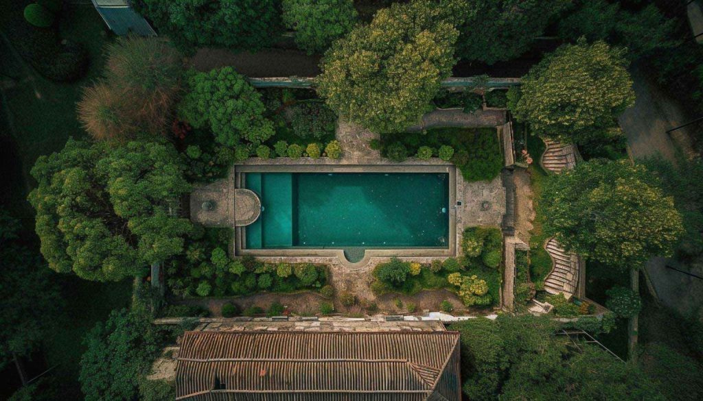 Pond, green trees and grass decorate modern architecture